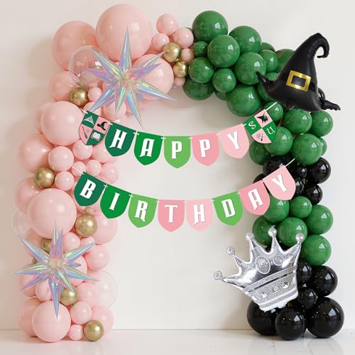 Image of Green and Pink Happy Birthday Banner Sign, Good and Bad Witch Party Decoration Flag, Paper Cutout Banner Backdrop, Green and Pink Party Supplies, Assembly Required
