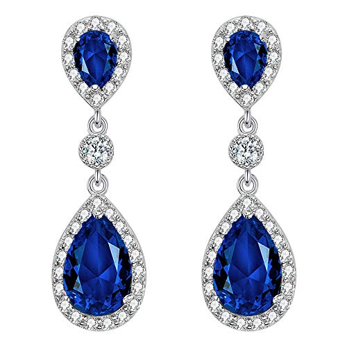 EleQueen 925 Sterling Silver Full Prong Cubic Zirconia Birthstone Teardrop Bridal Dangle Earrings