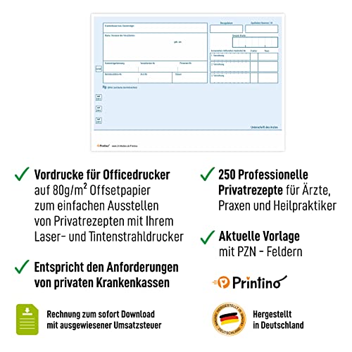 PRINTINO® | Privatrezepte blau für Ärzte und Heilpraktiker | 250 Blatt DIN A6 | Privatrezept Vordruck | Arzt Zubehör | blanko Rezept | ungeblockt | Vorlage für Arztempfehlung (Blau)