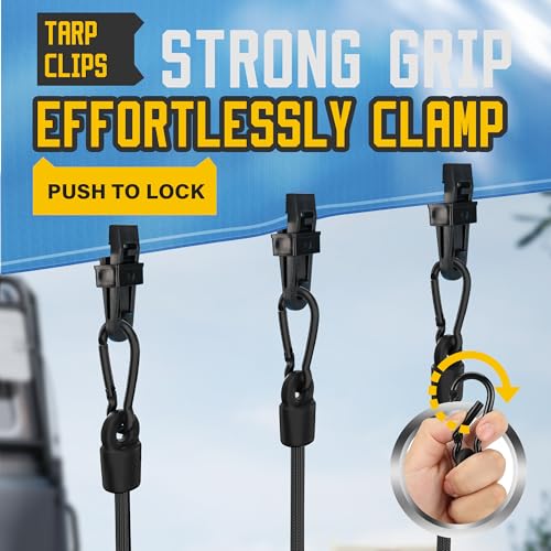 Image of Rugtol Bungee Cords with Hooks, Upgrade 12pcs Assortment Heavy Duty Outdoor with 48'' Adjustable Bungee Cords Carabiner Black, 6'' Canopy Tarp Ball Ties and Tarp Clips for Tents, Cargo, Camping