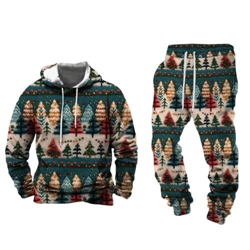 Conjunto térmico acolchado polar para hombre, conjunto de pijama cálido de felpa de Navidad, sudadera y pantalón con estampados navideños feos, ropa de interior para otoño e invierno, verde oscuro, L