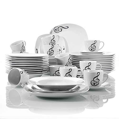 Veweet Service de table 'Mélodie' 60 pièces Blanc porcelaine Chine en céramique Blanc crème dîner Combi-set avec assiette à dessert Assiette creuse Assiette Tasse Soucoupe Service pour 12