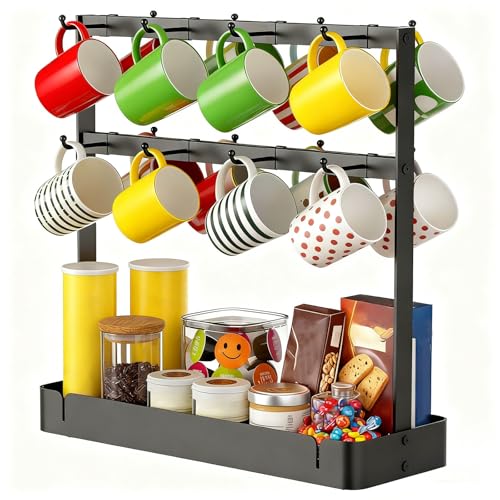 Yeqqzq Coffee Mug Holder Stand Countertop, Tree Rack for 16 Mugs, 2 Tier Counter with Storage Base, Metal Wire Tea Cup Organizer for Coffee Station Kitchen Organizer, Mugs Not Included