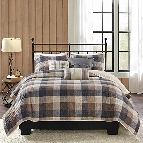 Image of Madison Park Reversible Quilt Cabin Lifestyle Plaid Design - All Season, Breathable Coverlet Bedspread Bedding Set, Matching Shams, Full /Queen(90 inchx90 inch), Neutral 6 Piece