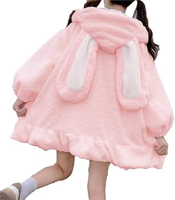 BZB Kawaii Anime Bunny Ear Hoodies For Women Sweet Lovely Fuzzy Fluffy Rabbit Sweater Tops Cosplay Jacket Coats
