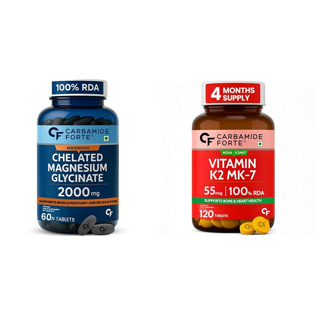 Carbamide Forte Chelated Magnesium Glycinate Supplement 2000mg Per Serving | Magnesium Supplement Supports Muscle Recovery & Better Sleep - 60 Veg Tablets & Vitamin K2 MK7 55 mcg | MK7 Form for Better-image-3