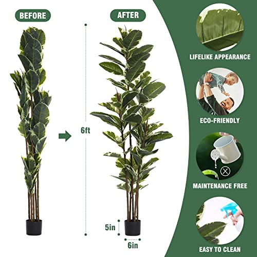 Floworld Artificial Rubber Tree Plant 6Ft Tall Faux Ficus Tree Potted Fake Tropical Plants Decorative House Plants Large Floor Plants Artificial Trees For Home Office Store Room Decor #TOP2
