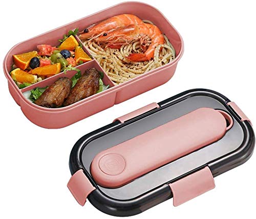 Ayilin Box Leak-Proof, Lunch Box 3 Compartments and Cutlery Set, Kids Adults Box Leakproof Lunch, Portable Lunch Bento Box, Safe (Blue and Pink)