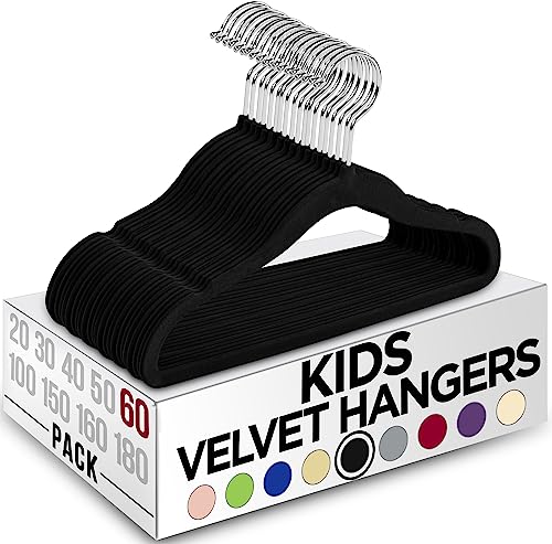 utopia home kids hangers velvet (60 pack) - 11 inch durable baby hangers for closet - perfect toddler hangers non slip for everyday use (black)
