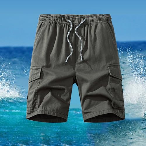 Men's Casual Linen Cargo Shorts Elastic Waist Summer Beach Comfortable Relaxed Fit Drawstring Work Short with3