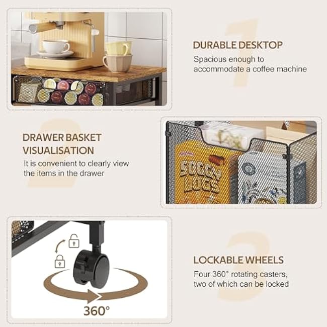 Kitchen Storage Cart with Drawers, 4-Tier Rolling Kitchen Cart for Small Spaces, Multifunctional Kitchen Organizer with Lockable Wheels, Fruit Vegetable and Snack Utility Storage Cart for Home-CMlbizH4