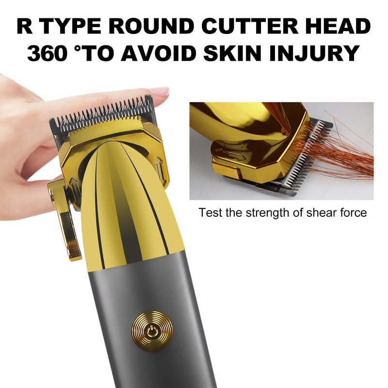Close-up of the SOLIMPIA HT-629 clipper's R-type round cutter head, designed to avoid skin injury, with an inset showing hair being cut.