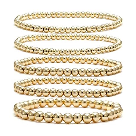 Beaded Bracelet for Women Stack Elastic String Gold Silver Color Ball Beads Bracelets Set Dainty Stretch Friendship Bracelet for Men Girls Gold Cover
