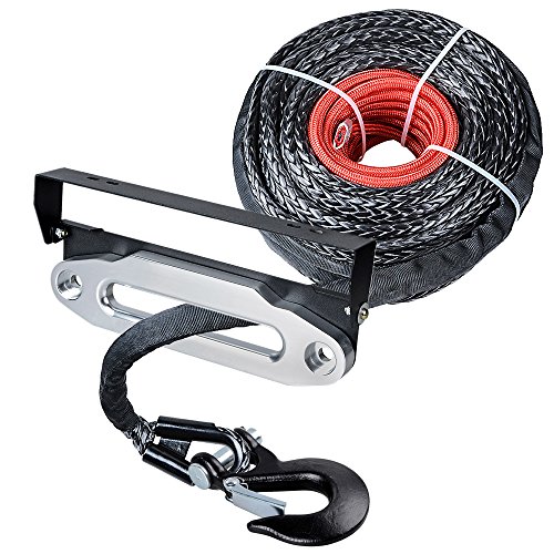 95ft x 3/8 inch 20500LBs Synthetic Winch Rope Heat Guard + 10 inch Chrome Hawse Fairlead with 4 Mounting Hole 254mm Flip-Up License Plate Holder + Grade 70 Steel Hook