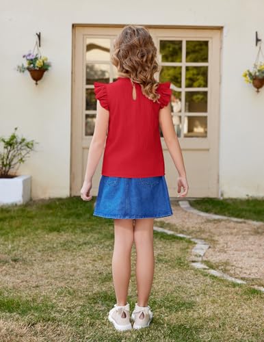 Image of Arshiner Girls Ruffle Short Sleeve Shirts Cute Summer Frill Neck Pleated Textured Blouse Tops