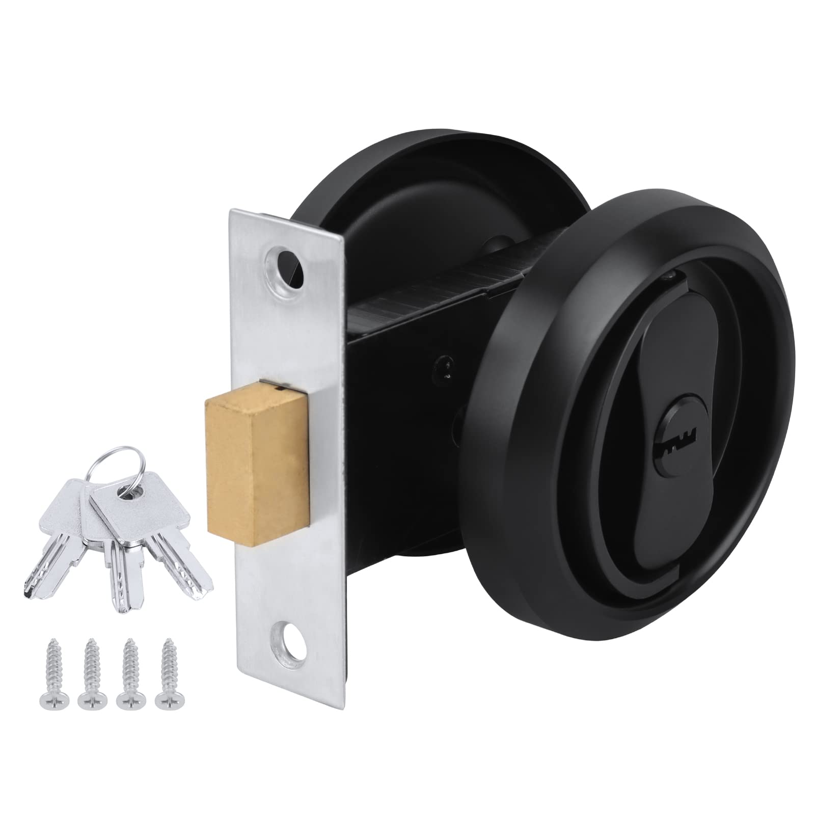 KOMAKE Privacy Sliding Door Lock with Pull, Matte Black Round Pocket Door Hardware with Key, Recessed 2 Sided, 2 3/8" Backset, Sliding Pocket Door Lock for Door Thickness from 1 3/8”to 2 3/16”