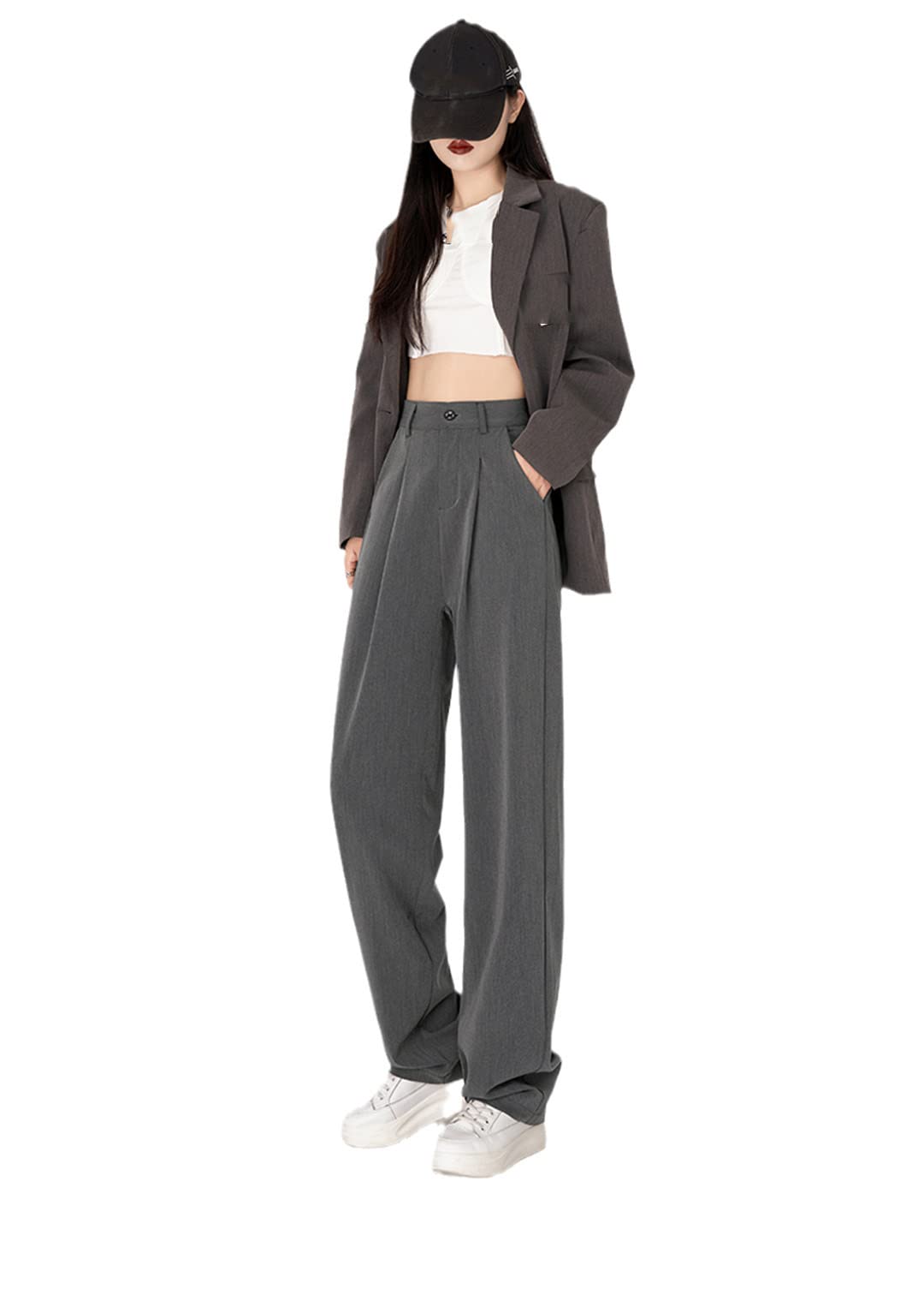 Pantaloni da donna Pantaloni a vita alta Pantaloni allentati Pantaloni larghi a tutta lunghezza ufficio Solido pieghettato, grigio, L