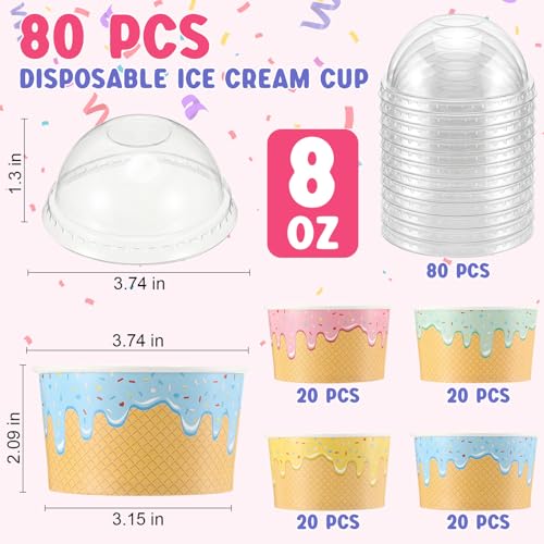 Image of Jingmore 80 Count Paper Ice Cream Cups with Clear Dome Lids Disposable Dessert Cups Bulk Dessert Bowls Sundae Containers for Snack Yogurt Soup Birthday Ice Cream Party Supplies (8 oz)