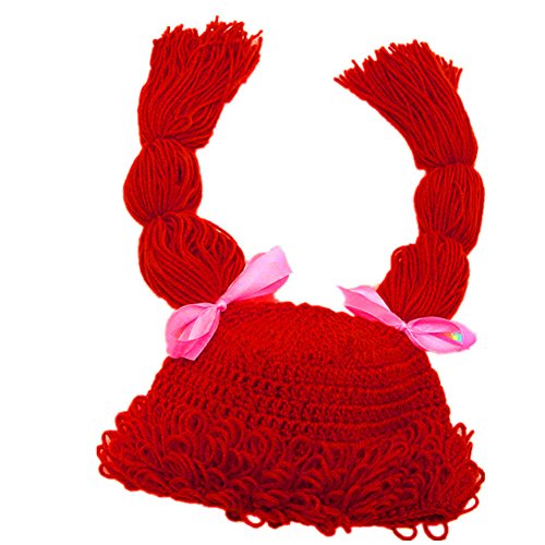 BIBITIME Anniversary Mothers Day Knitted Pigtail Wig Beanie Handmade Women Girls Braid Hat Bowknot Cap (One Size for Women Red)