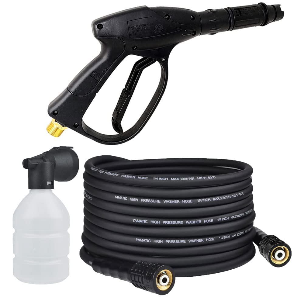 car washer spray gun adjustable nozzle with 5 mtr pressure washing hose pipe & foam flow bottle combo set compatible with pioneer, jpt, starq, reqtech (length 5 meter,color - black)