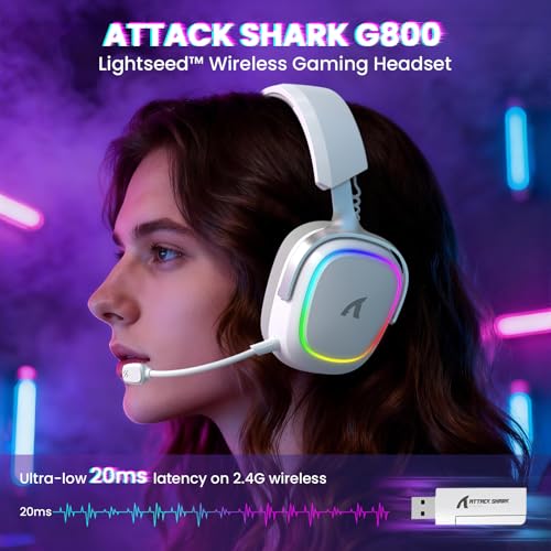 Image of ATTACK SHARK G800 Wireless RGB Gaming Headset:7.1 Surround Sound-50mm Drivers-Memory Foam Ear Pads,Wired /2.4Ghz /BT,Ultralight,Durable Aluminum Frame,Detachable Mic,Programmable for PC Mac Gamer(White)