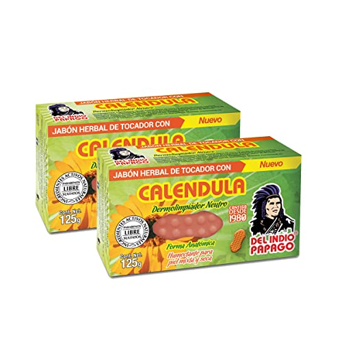 2 Pack DEL INDIO PAPAGO Neutral Soap with Calendula 125 gr - Mexican Beauty - Moisturizes the skin - Cleanses - Moisturizes - Calendula Extract - Coconut Oil - Aloe Vera - Free of sulfates and paraben