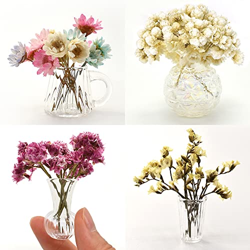 iLAND Miniature Dollhouse Accessories for Dollhouse Furniture Antique, Glass Vases w/ Dried Flowers Set (Elegant 4pcs)