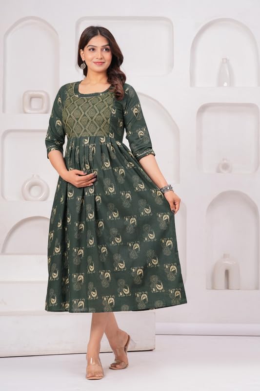 Image of Women Feeding Kurti for Women Cotton Maternity Kurta with Nursing Zip for Pre & Post Pregnancy