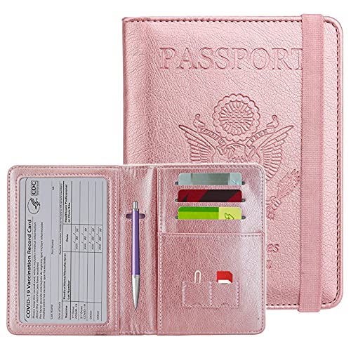 KINGMAS Passport Holder Cover, Vaccine Card Holder RFID Blocking Travel Passport Wallet Leather Case for School Bussiness Trip Travel and Go Abroad (Rose-gold, Elastic Band)