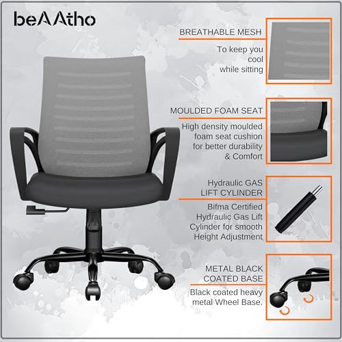 Image of beAAtho Verona Mesh Mid-Back Ergonomic Desk Office Chair with Tilting Mechanism, Comfortable Seat, and Revolving Heavy Duty Metal Base | Ideal for Work from Home & Study (Grey)