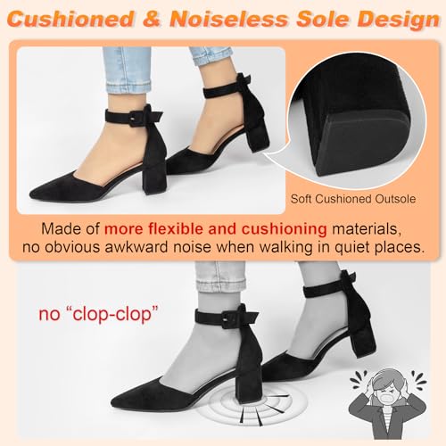 Womens 2.3 Inch Low Block Chunky Ankle Strap Heels Comfortable Closed Pointy Toe Leather Suede Pumps for Women Wedding Party Dressy Pump Shoes Noiseless Sole Option2