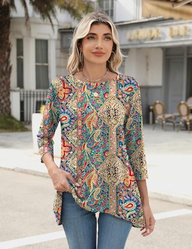 LOMON 3/4 Sleeve Tunic Tops for Women Loose Fit Dressy Casual Blouse Flowy Shirts to Wear with Leggings S-3XL