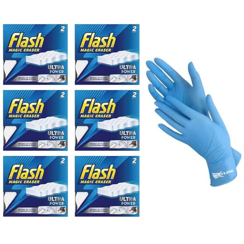 Flash Ultra Power Magic Eraser with Gloves Stubborn Stains & Mark Remover Chemical Free Sponge Multi-Functional and Long Lasting Sponge For Cleaning With Comfort And Ease 6 Pack