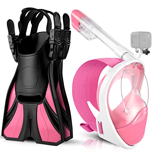 Odoland シュノーケルセット フルフェイス型 ダイビングマスク+調整可能フィン+収納袋付き 180度超広角 GoPro取付可能 曇り止め スキューバ足ひれ 着脱簡単 シュノーケリングセット 水中眼鏡 耐衝撃 潜水メガネ 男女兼用スノーケルセット 大人、子供、初心者向け