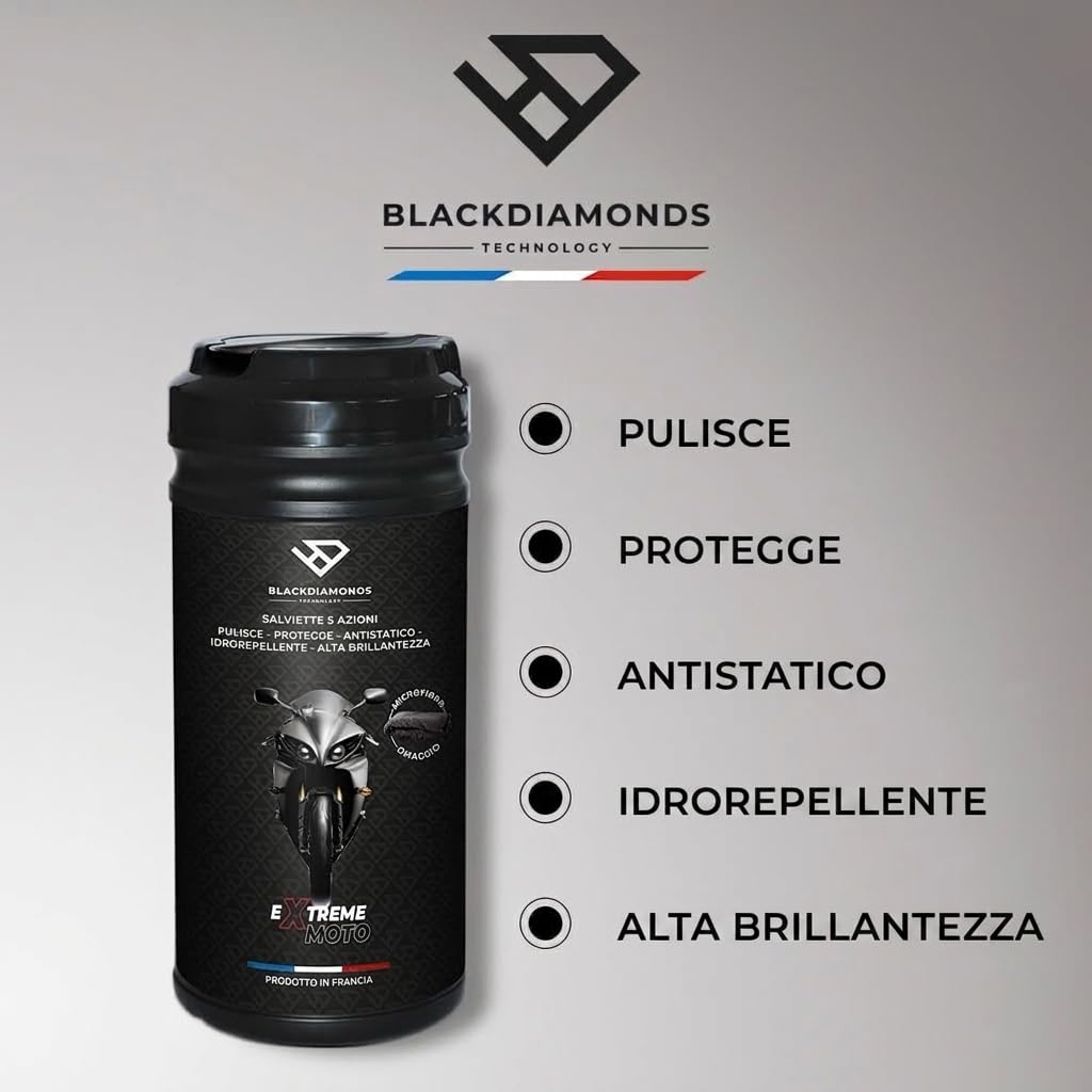 BlackDiamonds - Salviette Detergenti Per Moto - 5 Azioni - Puliscono, Proteggono, Antistatiche, Idrorepellenti E Massima Lucentezza - Biodegradabile - Senza Acqua Né Risciacquo - 80 Salviette
