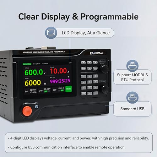 Image of 600V 10A Programmable DC Power Supply with 5-inch LCD Display, Battery Charging Curve Algorithm, Fuse Melting Test, Timer Function, MODBUS RTU & USB Interface for Lab R&D
