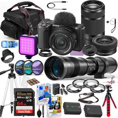 Sony ZV-E10 II Mirrorless Camera with 16-50mm & 55-210mm Lens Bundle + 420-800mm Zoom Telephoto Lens + Premium Acc Package Including 64GB Extreme Memory, LED, Software & More (35 Pieces)