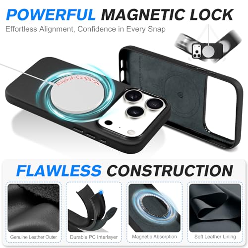 Image of SHIELDON Genuine Leather Case for iPhone 17 Pro 6.3 inch 2025, Nappa Black | Compatible with MagSafe, Magnetic Wireless Charging, Camera Button, Metal Buttons, Camera Bezel, Slim, Shockproof, Women Men