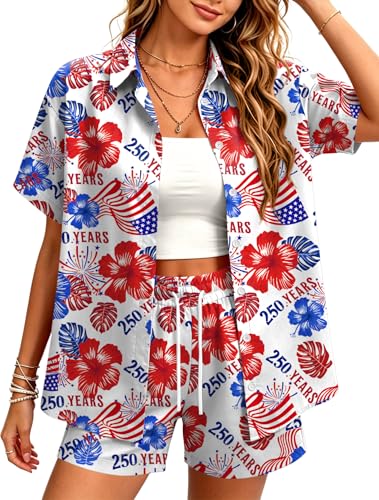 Image of Women 4th of July Outfit 2 Piece Set Short Sleeve Button Down Shirt and Shorts American Flag USA 250th Anniversary