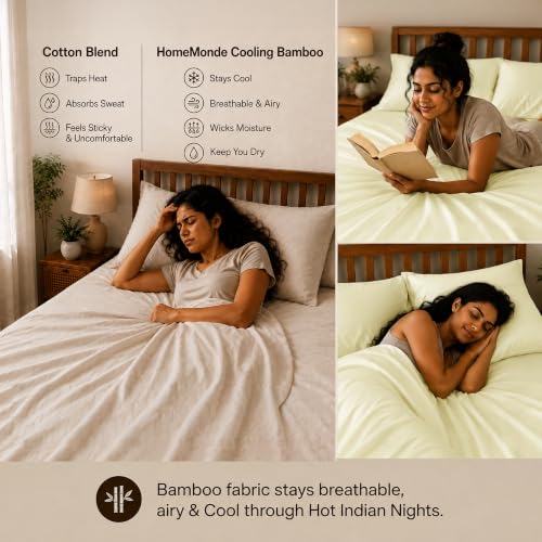 Image of HOMEMONDE 100% Bamboo King Size Fitted Bedsheet with 2 Pillow Covers | 300 TC Luxury Cooling Elastic Fitted Sheet | Ultra Soft, Breathable & Moisture Wicking | (Ivory, 78x72 Inches)