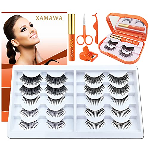 12 Pair Magnetic Eyelash Kit, 10-Pair Reusable Natural Lashes, 2 Pair Fluffy False Eyelashes,2 Tubes Magnetic Eyeliner with Scissors Tweezers Eyelash Curler & Mirror Case,3D 5D Fake Lashes