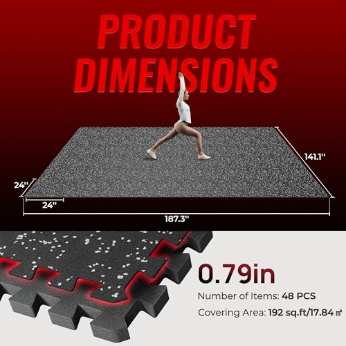 Image of SUPERJARE 0.79'' Extra-Thick Exercise Equipment Mats, 48 Pcs 192 Sq Ft Rubber Top Floor Tiles with High Density EVA Foam, Interlocking Gym Flooring for Home Gym, Workout Mat, Black /Grey