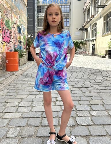 Image of Arshiner Girls Summer 2 Piece Outfits Tie Dye Short Sets Casual Twist Front Short Sleeve Tops and Pant with Pockets