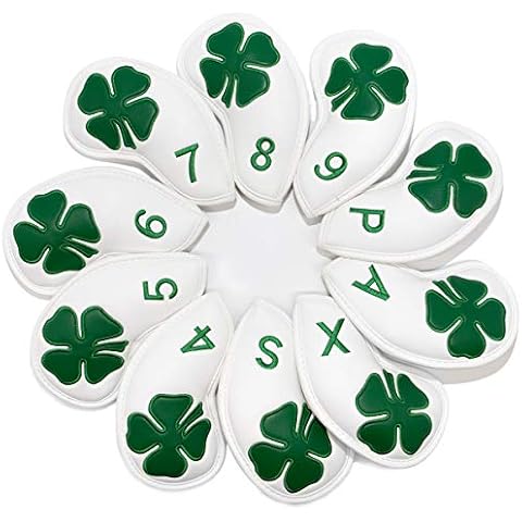 Golf Iron Covers,Golf Iron Head Covers Leather Golf Iron Covers Set 10pcs Golf Iron Headcovers,Lucky Clover Golf Club Head Covers for Iron with Magic Tape Fit All Brands Titleist,Callaway,Ping (White) Cover