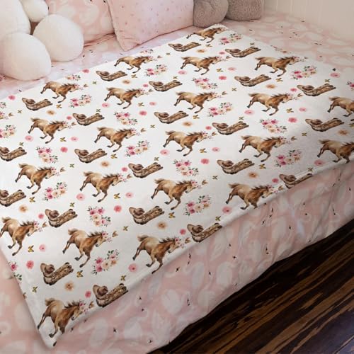 Image of HawSkgFub Horse Rose Floral Baby Blankets Girls Shower Gift, Western Cowgirl Hat Boots Pink Flower Fleece Nursery Bed Receiving Swaddle, Wild West Soft Newborn Infant Toddler Kids Crib Bedding 30 x 40