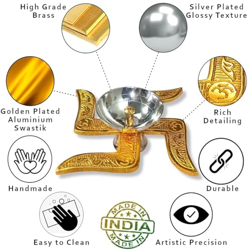 Image of Set of 2 Swastik Brass Akhand Diya and Silver Bowl with Gift Box, Gold & White Akhand Diyas Pooja Room Decoration, Return Gift & House Warming Gift