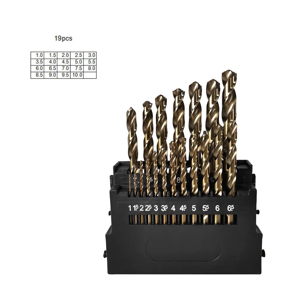 Juego de Brocas Helicoidales de Cobalto Hss M42 con 8% de Cobalto para Taladrar Acero Inoxidable, Madera Y Metal, Kit de Herramientas de 3 Filos (Color: 19 Piezas), Herramientas de Ferretería
