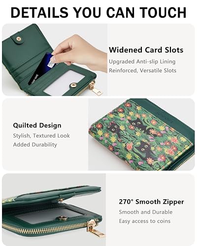 Image of Small Bifold Wallets Woman RFID Mini Wallet for Women Slim Card Holder with Zipper Coin Pocket & 2 ID Windows (Cat)