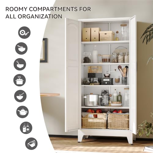 Image of COFaR 71 inch White Arched Pantry Cabinet with Doors and 5-Tier Storage