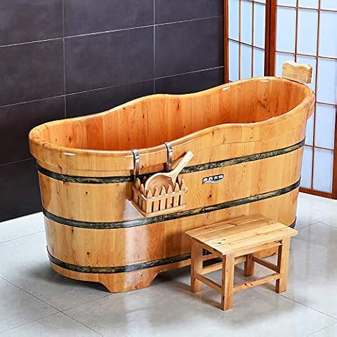 LOHOX Cedar Bathtub Sauna Barrel with Bathtub Cypress Cushion Overall Radian Round Barrel 1.0M-1.6M Includes Headrest, Seat Back, Drain Pipe, Bouncing Valve, Water Scoop, Wooden Bench Cover